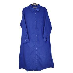 Cozinen Long Sleeve Midi Shirt Dress Button Front Loose Fit Dark Blue Womens S